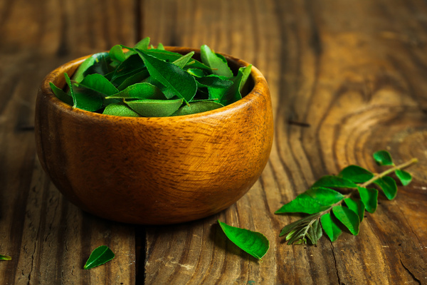 Fresh Curry Leaves on Wooden Table